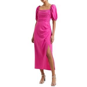 Sm French Connection Afina Ruched Midi Dress Pink Puff-Sleeve Romantic Coquette